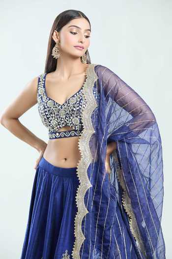 Shop Priti Sahni Blue Silk, Net Pearls, Mirrors, Zari Hand Embroidered Lehenga With Blouse Online at Aza Fashions Shop_Priti Sahni_Blue Silk, Net Pearls, Mirrors, Zari Hand Embroidered Lehenga With Blouse _Online_at_Aza_Fashions