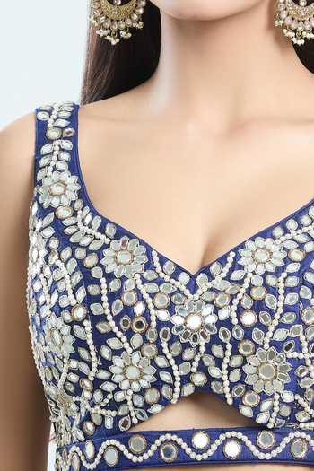 Priti Sahni Blue Silk, Net Pearls, Mirrors, Zari Hand Embroidered Lehenga With Blouse at Aza Fashions Priti Sahni_Blue Silk, Net Pearls, Mirrors, Zari Hand Embroidered Lehenga With Blouse _at_Aza_Fashions
