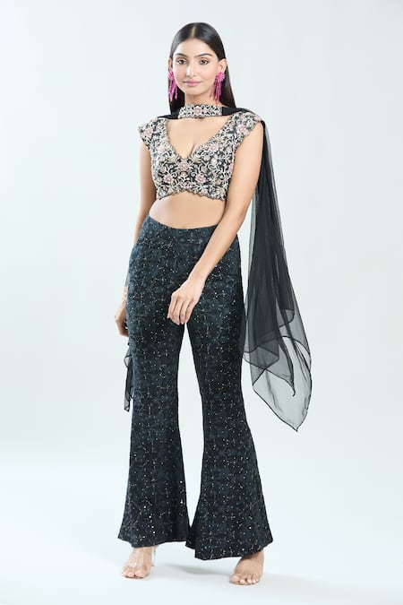 Priti Sahni Black Net, Georgette, Silk Mirrors, Cut Work, Thread Palazzo Set With Stole