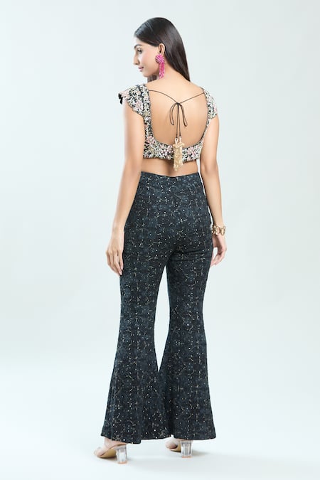 Shop Priti Sahni Black Net, Georgette, Silk Mirrors, Cut Work, Thread Palazzo Set With Stole at Aza Fashions Shop_Priti Sahni_Black Net, Georgette, Silk Mirrors, Cut Work, Thread Palazzo Set With Stole _at_Aza_Fashions