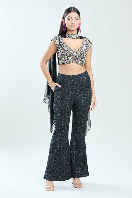 Priti Sahni Black Net, Georgette, Silk Mirrors, Cut Work, Thread Palazzo Set With Stole Online at Aza Fashions Priti Sahni_Black Net, Georgette, Silk Mirrors, Cut Work, Thread Palazzo Set With Stole _Online_at_Aza_Fashions