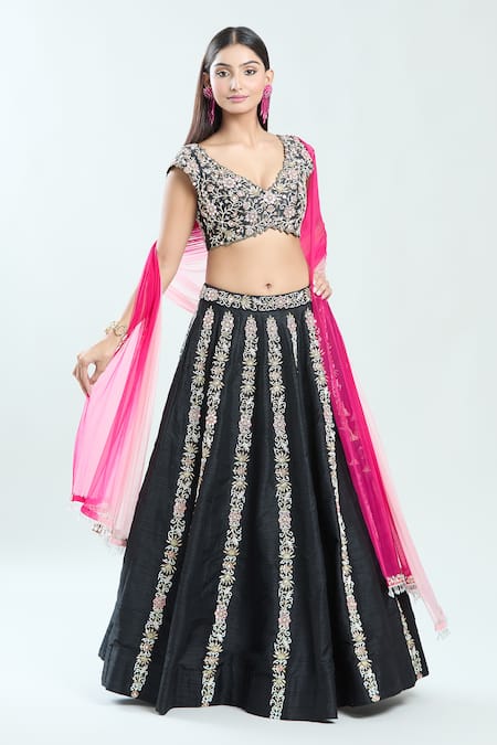 Priti Sahni Black Silk, Net Mirrors, Cut Work, Embroidery Plunge Floral Hand Lehenga Set