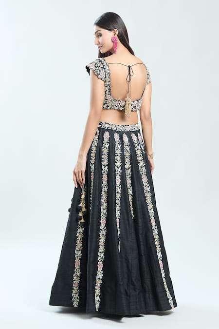 Shop Priti Sahni Black Silk, Net Mirrors, Cut Work, Embroidery Plunge Floral Hand Lehenga Set at Aza Fashions Shop_Priti Sahni_Black Silk, Net Mirrors, Cut Work, Embroidery Plunge Floral Hand Lehenga Set _at_Aza_Fashions