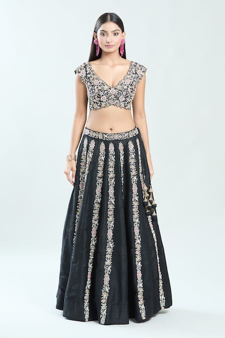Priti Sahni Black Silk, Net Mirrors, Cut Work, Embroidery Plunge Floral Hand Lehenga Set Online at Aza Fashions Priti Sahni_Black Silk, Net Mirrors, Cut Work, Embroidery Plunge Floral Hand Lehenga Set _Online_at_Aza_Fashions