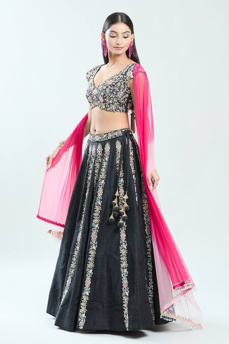 Shop Priti Sahni Black Silk, Net Mirrors, Cut Work, Embroidery Plunge Floral Hand Lehenga Set Online at Aza Fashions Shop_Priti Sahni_Black Silk, Net Mirrors, Cut Work, Embroidery Plunge Floral Hand Lehenga Set _Online_at_Aza_Fashions