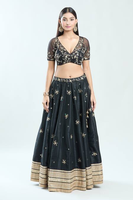 Priti Sahni Black Net, Silk Embroidery, Sequins, Beads, Floral Hand Lehenga Blouse Set Online at Aza Fashions Priti Sahni_Black Net, Silk Embroidery, Sequins, Beads, Floral Hand Lehenga Blouse Set _Online_at_Aza_Fashions