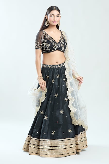 Buy Priti Sahni Black Net, Silk Embroidery, Sequins, Beads, Floral Hand Lehenga Blouse Set Online at Aza Fashions Buy_Priti Sahni_Black Net, Silk Embroidery, Sequins, Beads, Floral Hand Lehenga Blouse Set _Online_at_Aza_Fashions