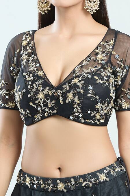 Priti Sahni Black Net, Silk Embroidery, Sequins, Beads, Floral Hand Lehenga Blouse Set at Aza Fashions Priti Sahni_Black Net, Silk Embroidery, Sequins, Beads, Floral Hand Lehenga Blouse Set _at_Aza_Fashions