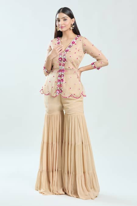 Priti Sahni Hand Embroidered Peplum Top With Sharara 