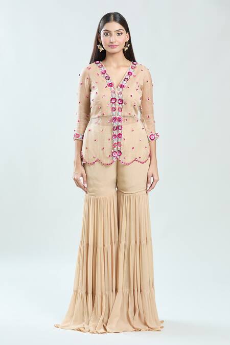 Priti Sahni_Beige Organza, Georgette Sequins, Beads Hand Embroidered Peplum Top With Sharara _Online_at_Aza_Fashions