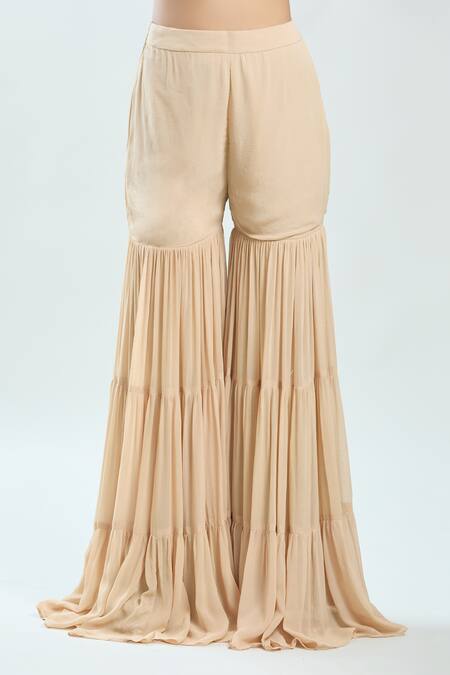 Buy_Priti Sahni_Beige Organza, Georgette Sequins, Beads Hand Embroidered Peplum Top With Sharara _Online_at_Aza_Fashions