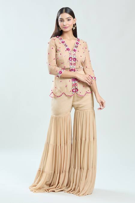 Shop_Priti Sahni_Beige Organza, Georgette Sequins, Beads Hand Embroidered Peplum Top With Sharara _Online_at_Aza_Fashions