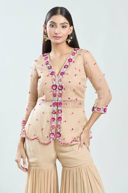 Priti Sahni_Beige Organza, Georgette Sequins, Beads Hand Embroidered Peplum Top With Sharara _at_Aza_Fashions