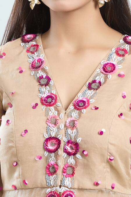 Buy_Priti Sahni_Beige Organza, Georgette Sequins, Beads Hand Embroidered Peplum Top With Sharara 