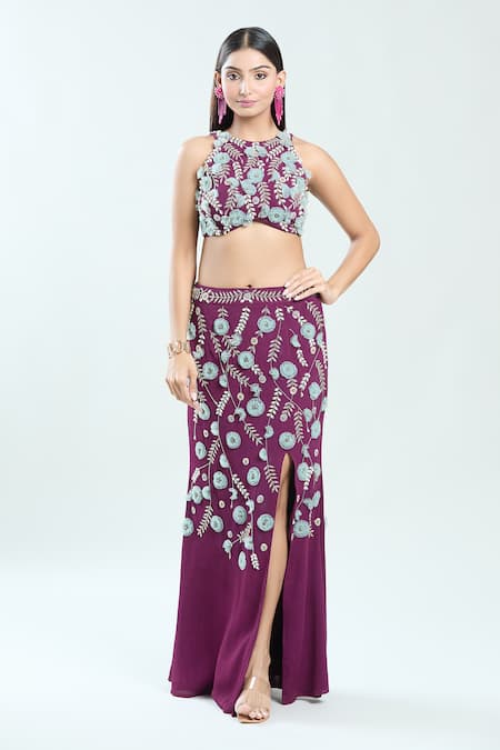 Priti Sahni Floral Embroidered Blouse & Slit Skirt Set 