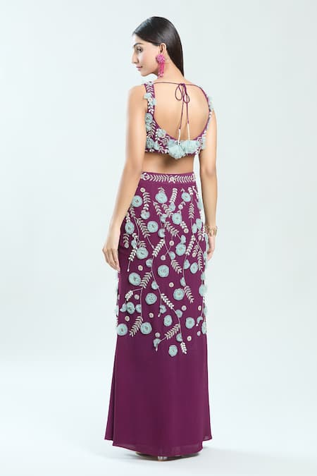 Priti Sahni Floral Embroidered Blouse & Slit Skirt Set 