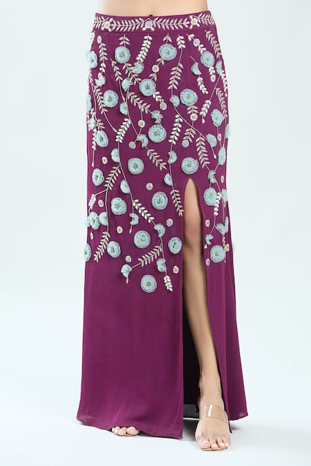 Priti Sahni Purple Georgette Embroidery Round Neck Floral Blouse And Slit Skirt Set Online at Aza Fashions Priti Sahni_Purple Georgette Embroidery Round Neck Floral Blouse And Slit Skirt Set _Online_at_Aza_Fashions