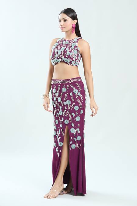 Buy Priti Sahni Purple Georgette Embroidery Round Neck Floral Blouse And Slit Skirt Set Online at Aza Fashions Buy_Priti Sahni_Purple Georgette Embroidery Round Neck Floral Blouse And Slit Skirt Set _Online_at_Aza_Fashions