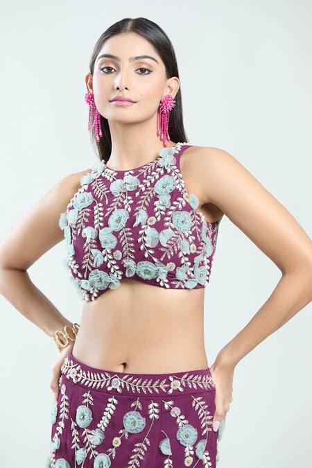 Shop Priti Sahni Purple Georgette Embroidery Round Neck Floral Blouse And Slit Skirt Set Online at Aza Fashions Shop_Priti Sahni_Purple Georgette Embroidery Round Neck Floral Blouse And Slit Skirt Set _Online_at_Aza_Fashions