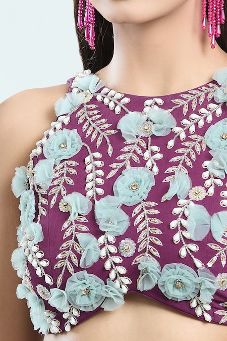 Priti Sahni Purple Georgette Embroidery Round Neck Floral Blouse And Slit Skirt Set at Aza Fashions Priti Sahni_Purple Georgette Embroidery Round Neck Floral Blouse And Slit Skirt Set _at_Aza_Fashions