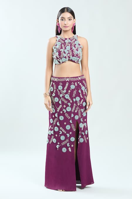 Buy Priti Sahni Purple Georgette Embroidery Round Neck Floral Blouse And Slit Skirt Set Buy_Priti Sahni_Purple Georgette Embroidery Round Neck Floral Blouse And Slit Skirt Set