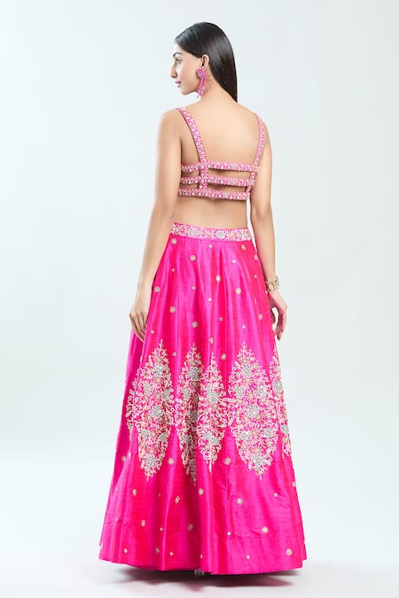 Shop Priti Sahni Pink Silk, Net Mirrors, Zari, Pearls, Embroidery Sweetheart Neck Lehenga Set at Aza Fashions Shop_Priti Sahni_Pink Silk, Net Mirrors, Zari, Pearls, Embroidery Sweetheart Neck Lehenga Set _at_Aza_Fashions