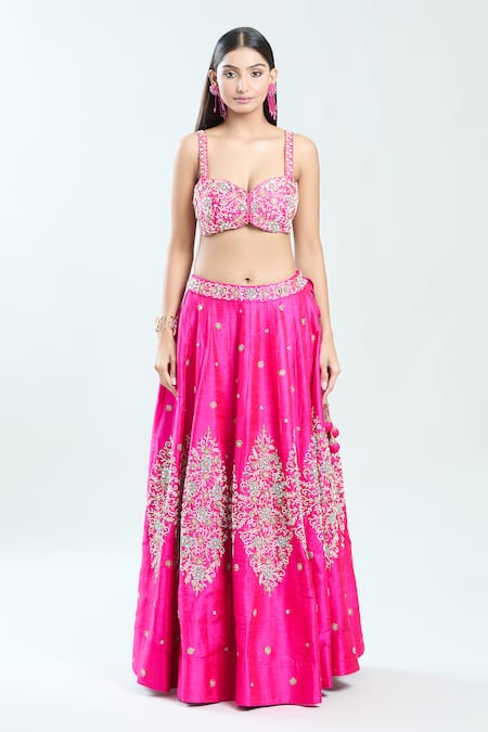 Priti Sahni Pink Silk, Net Mirrors, Zari, Pearls, Embroidery Sweetheart Neck Lehenga Set Online at Aza Fashions Priti Sahni_Pink Silk, Net Mirrors, Zari, Pearls, Embroidery Sweetheart Neck Lehenga Set _Online_at_Aza_Fashions