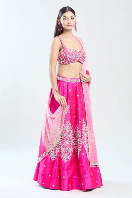 Priti Sahni Pink Silk, Net Mirrors, Zari, Pearls, Embroidery Sweetheart Neck Lehenga Set at Aza Fashions Priti Sahni_Pink Silk, Net Mirrors, Zari, Pearls, Embroidery Sweetheart Neck Lehenga Set _at_Aza_Fashions