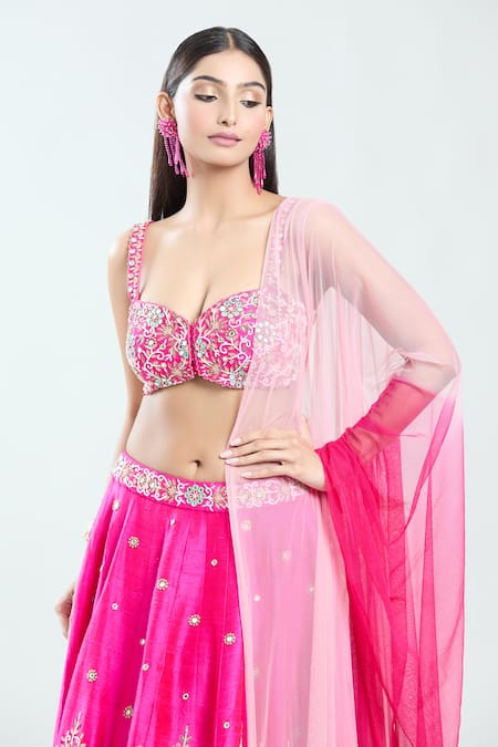 Buy Priti Sahni Pink Silk, Net Mirrors, Zari, Pearls, Embroidery Sweetheart Neck Lehenga Set Buy_Priti Sahni_Pink Silk, Net Mirrors, Zari, Pearls, Embroidery Sweetheart Neck Lehenga Set
