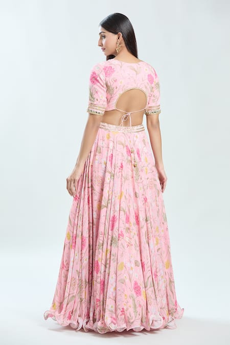 Shop Priti Sahni Pink Georgette, Net Mirrors, Beads, Gota Patti V-neck Embroidered Lehenga Set at Aza Fashions Shop_Priti Sahni_Pink Georgette, Net Mirrors, Beads, Gota Patti V-neck Embroidered Lehenga Set _at_Aza_Fashions