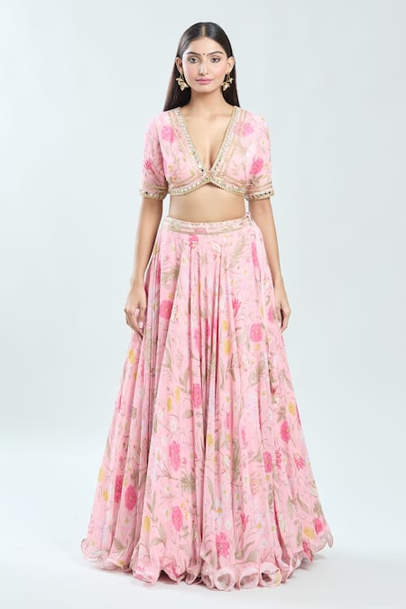 Priti Sahni Pink Georgette, Net Mirrors, Beads, Gota Patti V-neck Embroidered Lehenga Set Online at Aza Fashions Priti Sahni_Pink Georgette, Net Mirrors, Beads, Gota Patti V-neck Embroidered Lehenga Set _Online_at_Aza_Fashions