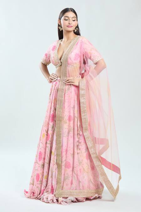 Shop Priti Sahni Pink Georgette, Net Mirrors, Beads, Gota Patti V-neck Embroidered Lehenga Set Online at Aza Fashions Shop_Priti Sahni_Pink Georgette, Net Mirrors, Beads, Gota Patti V-neck Embroidered Lehenga Set _Online_at_Aza_Fashions