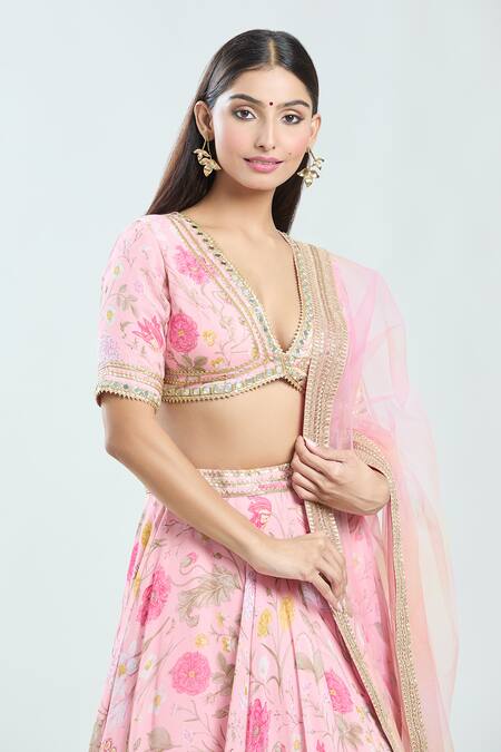 Priti Sahni Pink Georgette, Net Mirrors, Beads, Gota Patti V-neck Embroidered Lehenga Set at Aza Fashions Priti Sahni_Pink Georgette, Net Mirrors, Beads, Gota Patti V-neck Embroidered Lehenga Set _at_Aza_Fashions