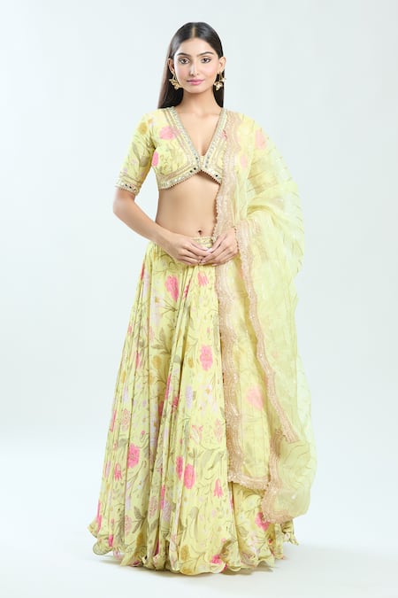 Priti Sahni Floral Embroidered Lehenga Set 