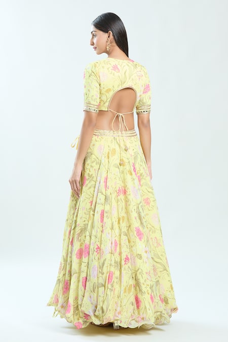 Shop Priti Sahni Yellow Georgette, Net Mirrors, Beads, Gota Patti Floral Embroidered Lehenga Set at Aza Fashions Shop_Priti Sahni_Yellow Georgette, Net Mirrors, Beads, Gota Patti Floral Embroidered Lehenga Set _at_Aza_Fashions
