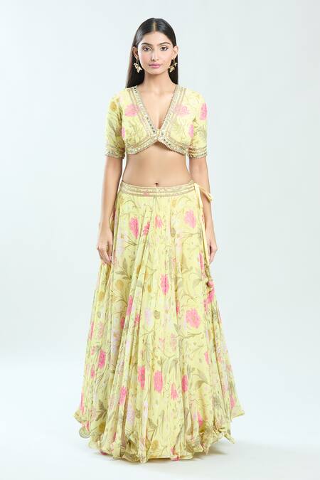 Priti Sahni Yellow Georgette, Net Mirrors, Beads, Gota Patti Floral Embroidered Lehenga Set Online at Aza Fashions Priti Sahni_Yellow Georgette, Net Mirrors, Beads, Gota Patti Floral Embroidered Lehenga Set _Online_at_Aza_Fashions