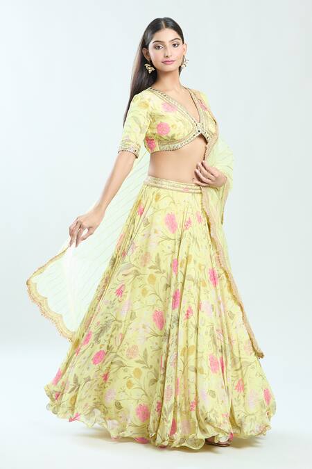 Priti Sahni Yellow Georgette, Net Mirrors, Beads, Gota Patti Floral Embroidered Lehenga Set at Aza Fashions Priti Sahni_Yellow Georgette, Net Mirrors, Beads, Gota Patti Floral Embroidered Lehenga Set _at_Aza_Fashions