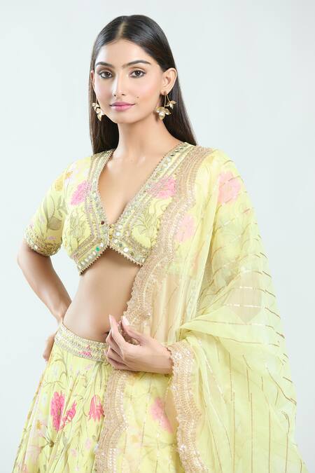 Buy Priti Sahni Yellow Georgette, Net Mirrors, Beads, Gota Patti Floral Embroidered Lehenga Set Buy_Priti Sahni_Yellow Georgette, Net Mirrors, Beads, Gota Patti Floral Embroidered Lehenga Set