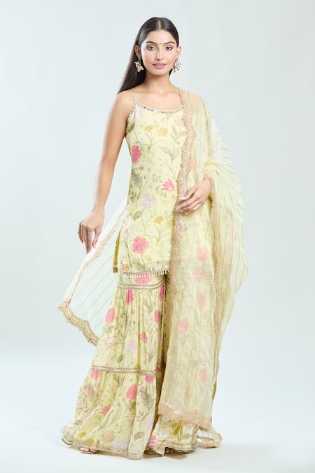 Priti Sahni Yellow Georgette Printed Floral Scoop Kurta Sharara Set 