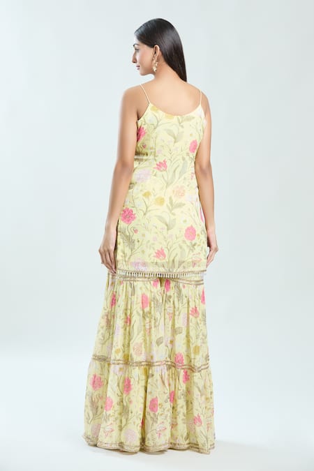 Shop Priti Sahni Yellow Georgette, Organza Embroidery, Lace Scoop Floral Print Kurta Sharara Set at Aza Fashions Shop_Priti Sahni_Yellow Georgette, Organza Embroidery, Lace Scoop Floral Print Kurta Sharara Set _at_Aza_Fashions