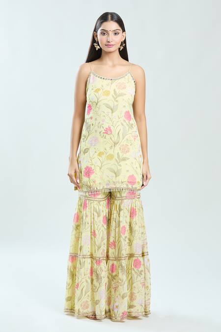 Priti Sahni Yellow Georgette, Organza Embroidery, Lace Scoop Floral Print Kurta Sharara Set Online at Aza Fashions Priti Sahni_Yellow Georgette, Organza Embroidery, Lace Scoop Floral Print Kurta Sharara Set _Online_at_Aza_Fashions