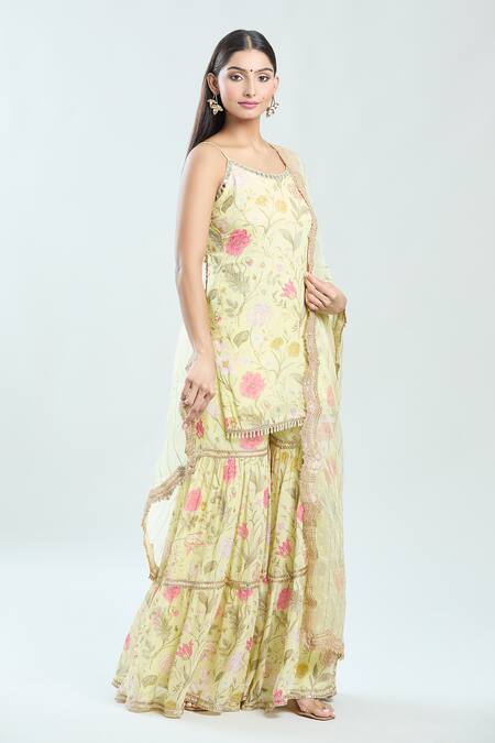 Buy Priti Sahni Yellow Georgette, Organza Embroidery, Lace Scoop Floral Print Kurta Sharara Set Online at Aza Fashions Buy_Priti Sahni_Yellow Georgette, Organza Embroidery, Lace Scoop Floral Print Kurta Sharara Set _Online_at_Aza_Fashions