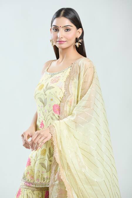 Shop Priti Sahni Yellow Georgette, Organza Embroidery, Lace Scoop Floral Print Kurta Sharara Set Online at Aza Fashions Shop_Priti Sahni_Yellow Georgette, Organza Embroidery, Lace Scoop Floral Print Kurta Sharara Set _Online_at_Aza_Fashions