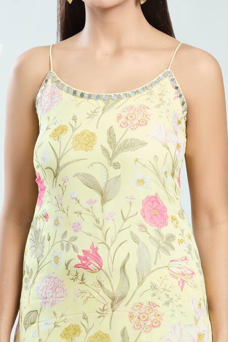 Priti Sahni Yellow Georgette, Organza Embroidery, Lace Scoop Floral Print Kurta Sharara Set at Aza Fashions Priti Sahni_Yellow Georgette, Organza Embroidery, Lace Scoop Floral Print Kurta Sharara Set _at_Aza_Fashions