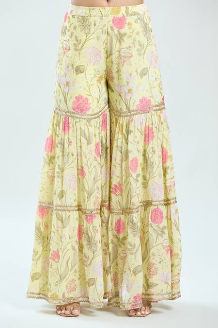 Buy Priti Sahni Yellow Georgette, Organza Embroidery, Lace Scoop Floral Print Kurta Sharara Set Buy_Priti Sahni_Yellow Georgette, Organza Embroidery, Lace Scoop Floral Print Kurta Sharara Set