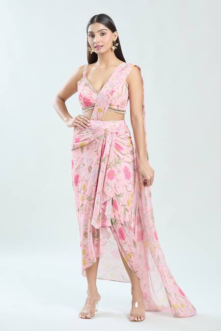 Priti Sahni_Pink Georgette Beads, Embroidery Floral Print Pre-draped Saree With Bustier _Online_at_Aza_Fashions