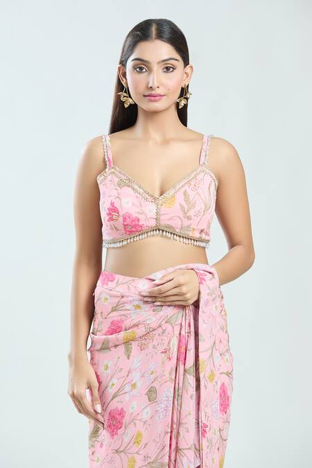 Priti Sahni_Pink Georgette Beads, Embroidery Floral Print Pre-draped Saree With Bustier _at_Aza_Fashions
