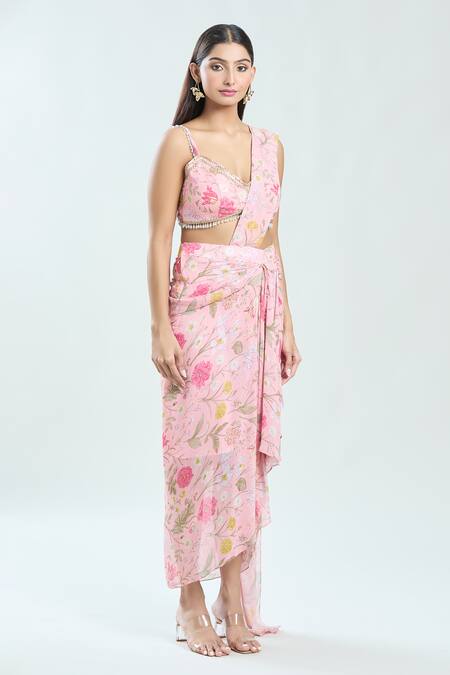 Buy_Priti Sahni_Pink Georgette Beads, Embroidery Floral Print Pre-draped Saree With Bustier 