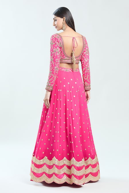 Shop Priti Sahni Pink Georgette, Organza Sequins Plunge Neck Floral Embroidered Lehenga Set at Aza Fashions Shop_Priti Sahni_Pink Georgette, Organza Sequins Plunge Neck Floral Embroidered Lehenga Set _at_Aza_Fashions