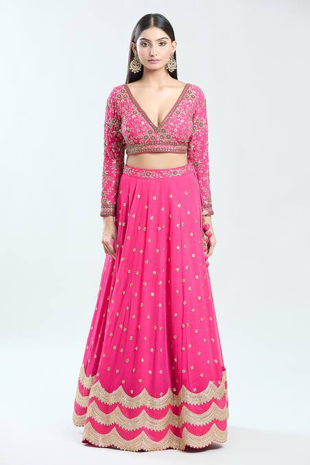 Priti Sahni Pink Georgette, Organza Sequins Plunge Neck Floral Embroidered Lehenga Set Online at Aza Fashions Priti Sahni_Pink Georgette, Organza Sequins Plunge Neck Floral Embroidered Lehenga Set _Online_at_Aza_Fashions